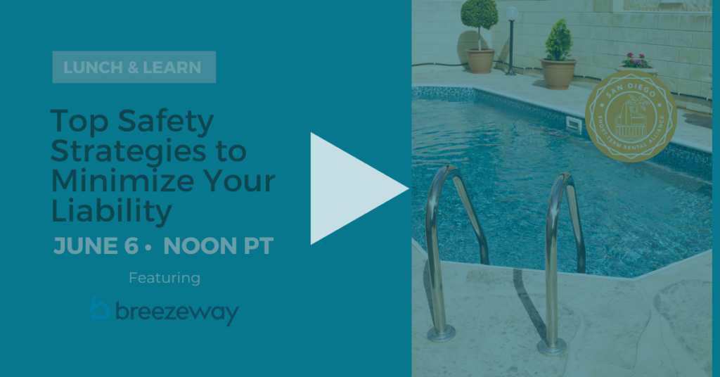 Image of pool on the left next to a blue background with text ready Top Safety Strategies to Minimize Your Liability with a recording arrow symbol on top