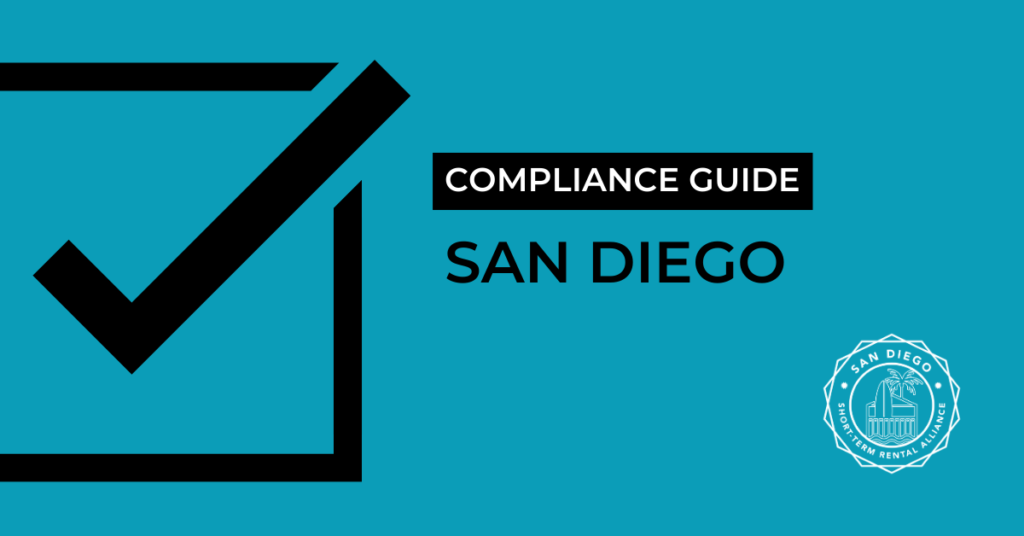 Image with blue background and black text reading "Compliance Guide San Diego" with a large black checkmark inside a black square box