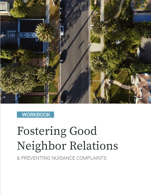 Aerial view of California neighborhood with the words Fostering Good Neighbor Relations below